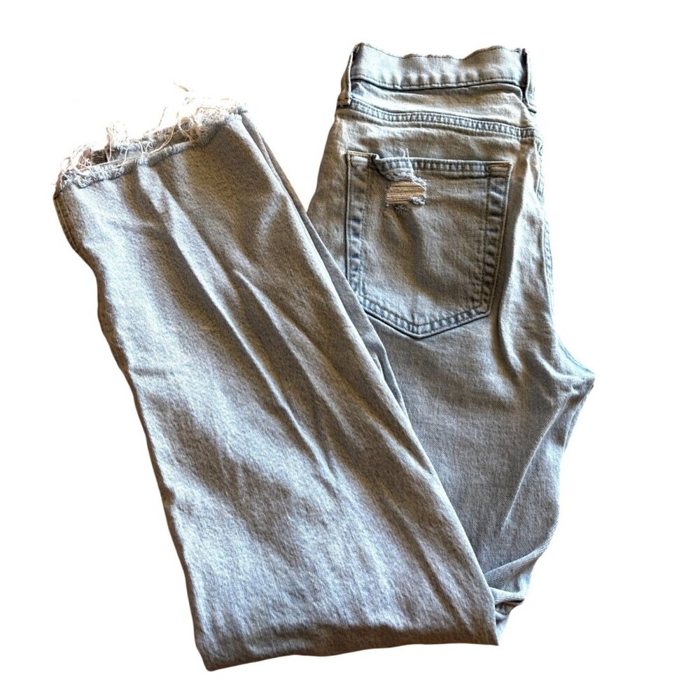 Gap 90s Loose Mid Rise Petite Jeans Distressed Light Wash Size 24/00P Frayed Hem